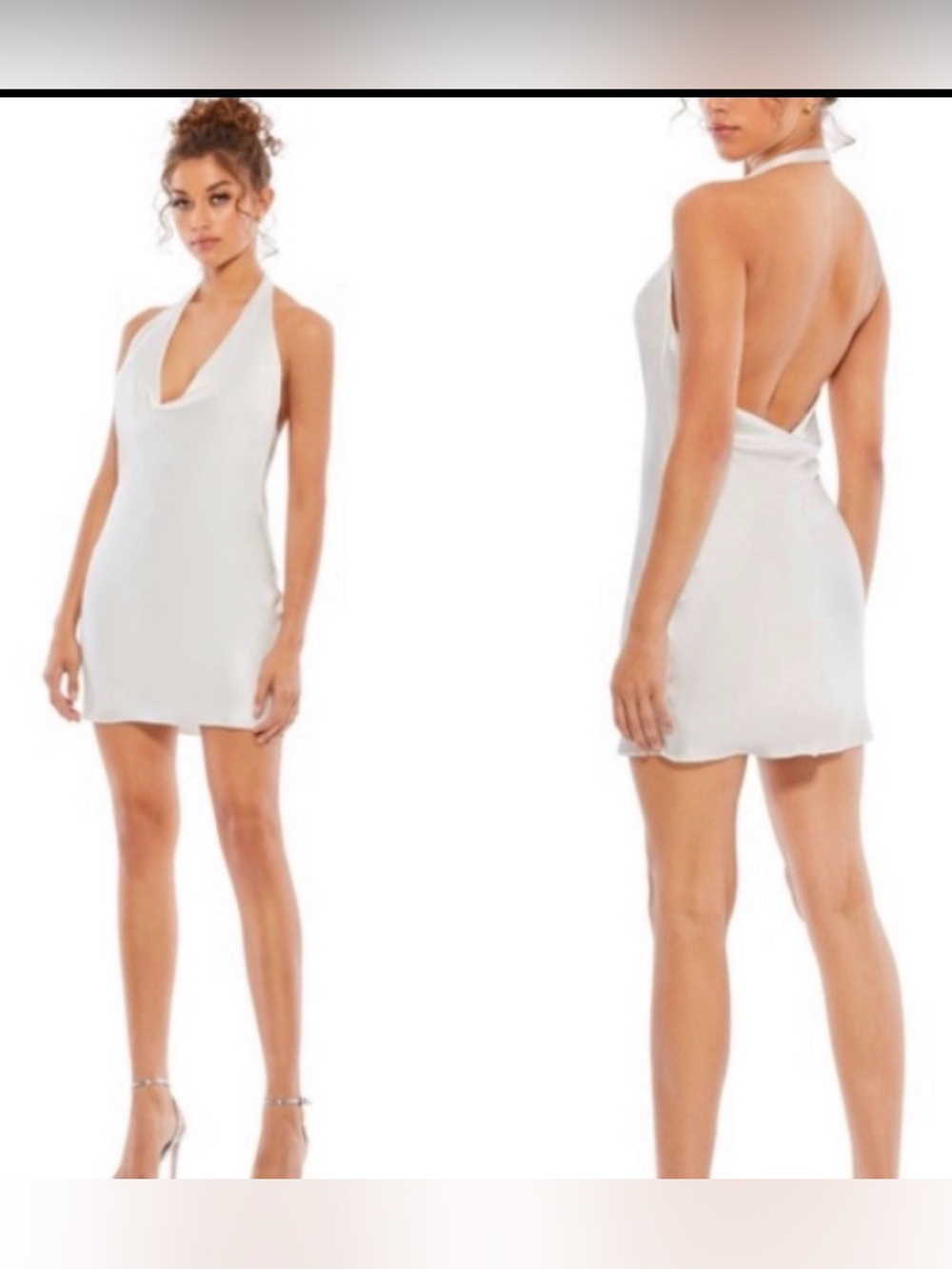 Mac Duggal white Cowl Neck Satin halter mini Dress